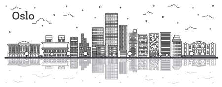 Outline Oslo Norway City Skyline with Modern Buildings and Reflections Isolated on White. Vector Illustration. Oslo Cityscape with Landmarks.のイラスト素材