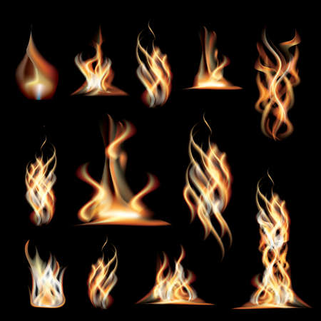 Realistic Burning Fire Flames Set Vector Illustration.のイラスト素材