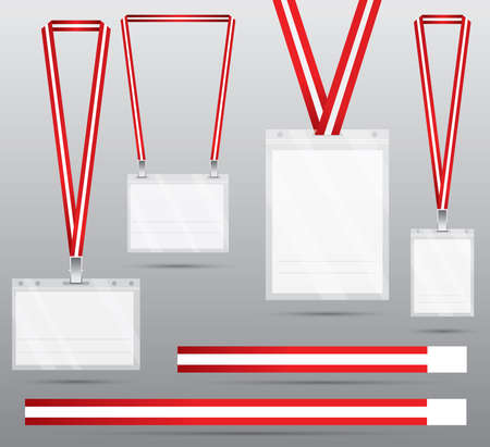 Set of Red Lanyard and Badge. Vector Illustration. Identification Card with Lanyard for Access to Events. Security and Control Element.のイラスト素材
