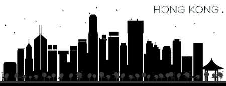 Hong Kong China City Skyline Black and White Silhouette. Simple flat concept for tourism presentation, banner, placard or web site. Hong Kong Cityscape with Landmarks. Vector illustration.のイラスト素材