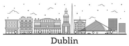 Outline Dublin Ireland City Skyline with Historic Buildings Isolated on White. Vector Illustration. Dublin Cityscape with Landmarks.のイラスト素材