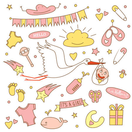 Baby Shower Girl Set with Stork. Vector Illustration.のイラスト素材