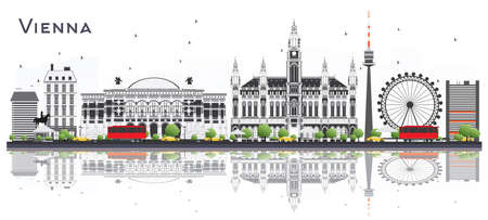 Vienna Austria City Skyline with Color Buildings and Reflections Isolated on White. Vector Illustration. Business Travel and Tourism Concept with Historic Architecture. Vienna Cityscape with Landmarks.のイラスト素材