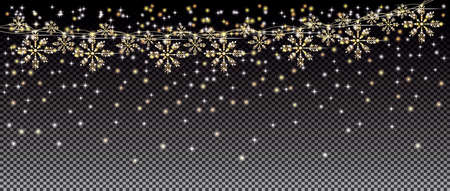 Neon Lights and Golden Garland with Snowflakes on Transparent Grid Background. Merry Christmas and Happy New Year Concept. Vector Illustration.のイラスト素材