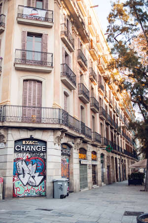 Barcelona, Spain - March 18, 2018: Old Building beetween Capellans Street and Catedral Avenue in Barcelona, Spain. View from Placa Nova.のeditorial素材