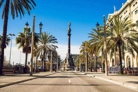 Barcelona, Spain - March 18, 2018: Christopher Columbus Statue in Barcelona, Spain. Passeig del...