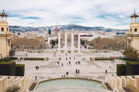 Barcelona, Spain - March 20, 2018: Magic Fountain of Montjuic in Barcelona. Spain. Cloudy Sky.