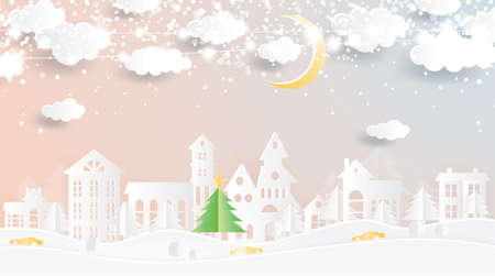 Christmas Village in Paper Cut Style. Winter Landscape with Moon and Clouds. Vector Illustration. Merry Christmas and Happy New Year.のイラスト素材