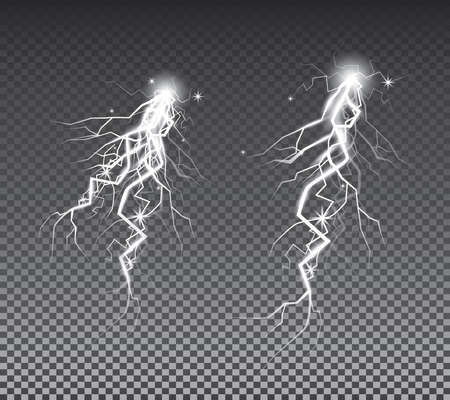 Set of Lightnings on Transparent Background. Thunder Storm and Lightnings. Vector Illustration.のイラスト素材