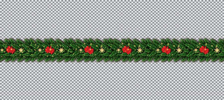 Border with Christmas Tree Branches, Red Bow and Golden Stars on Transparent Background. Vector Illustration. Fir Twig Border.のイラスト素材