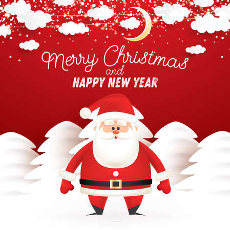Santa Claus in Winter Snowy Forest. Moon and Snowflakes in Cloudy Sky. Vector Illustration. Merry Christmas and Happy New Year. Greeting Card.のイラスト素材
