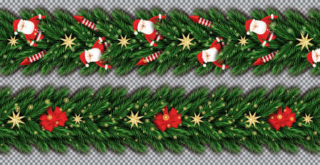 Border Set with Santa Claus, Christmas Tree Branches, Golden Stars, Red Rockets and Red Bow on Transparent Background. Vector Illustration. Fir Twig Border.のイラスト素材