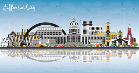 Jefferson City Missouri Skyline with Color Buildings, Blue Sky and Reflections. Vector Illustration. Travel and Tourism Concept with Historic Architecture. Jefferson City Cityscape with Landmarks.のイラスト素材