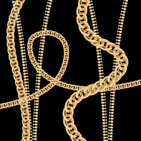 Gold Chain and Metal Zipper on Black Background. Vector Illustration.