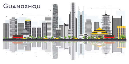 Guangzhou China City Skyline with Gray Buildings and Reflections Isolated on White Background. Vector Illustration. Tourism Concept with Modern Buildings. Guangzhou Cityscape with Landmarks.のイラスト素材