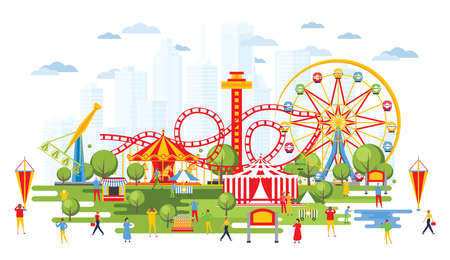 Amusement Park with Carousels in Cartoon Style. Urban Cityscape. Vector Illustration. Circus.のイラスト素材