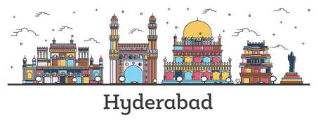 Outline Hyderabad India City Skyline with Color Buildings Isolated on White. Vector Illustration. Hyderabad Cityscape with Landmarks.のイラスト素材