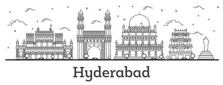 Outline Hyderabad India City Skyline with Historical Buildings Isolated on White. Vector Illustration. Hyderabad Cityscape with Landmarks.のイラスト素材
