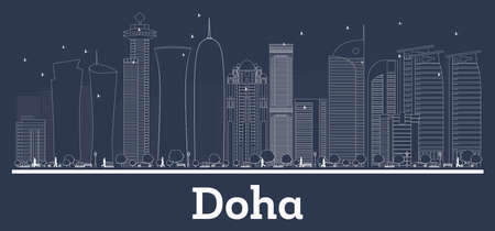 Outline Doha Qatar City Skyline with White Buildings. Vector Illustration. Business Travel and Concept with Modern Architecture. Doha Cityscape with Landmarks.のイラスト素材