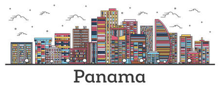 Outline Panama City Skyline with Color Buildings Isolated on White. Vector Illustration. Panama Cityscape with Landmarks.のイラスト素材