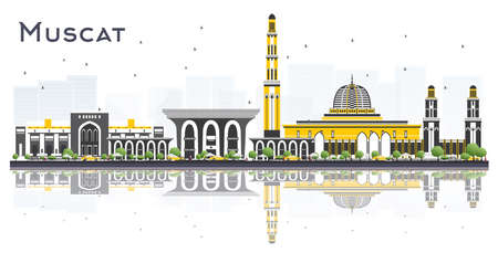 Muscat Oman City Skyline with Gray Buildings and Reflections Isolated on White Background. Vector Illustration. Tourism Concept with Modern Buildings. Muscat Cityscape with Landmarks.のイラスト素材