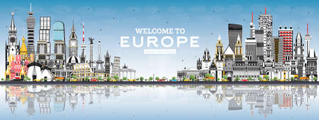 Welcome to Europe Skyline with Gray Buildings and Blue Sky. Vector Illustration. Tourism Concept with Historic Architecture. Europe Cityscape with Landmarks. London. Berlin. Moscow. Rome. Paris.のイラスト素材