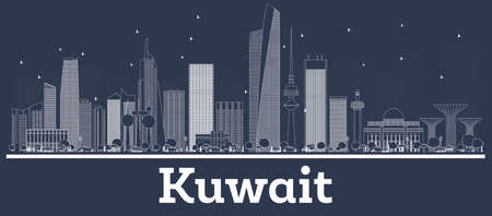 Outline Kuwait City Skyline with White Buildings. Vector Illustration. Business Travel and Concept with Modern Architecture. Kuwait Cityscape with Landmarks.のイラスト素材