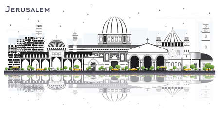 Jerusalem Israel Skyline with Gray Buildings and Reflections Isolated on White. Vector Illustration. Business Travel and Tourism Concept with Historic Architecture. Jerusalem Cityscape with Landmarks.のイラスト素材