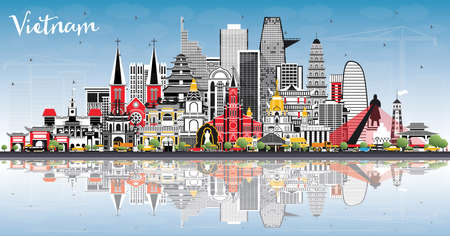 Vietnam City Skyline with Gray Buildings, Blue Sky and Reflections. Vector Illustration. Tourism Concept with Historic Architecture. Vietnam Cityscape with Landmarks. Hanoi. Ho Chi Minh.のイラスト素材