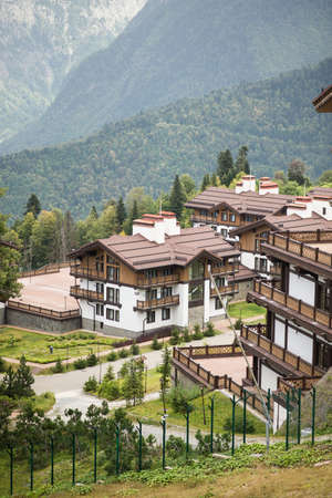 Esto Sadok. Sochi. Krasnaya Polyana. Russia - September 2, 2018: Hotel Polyana 1389 Hotel&Spa. Cottages at the Mountain Ski Resort. Summer.のeditorial素材