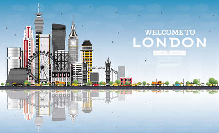 Welcome to London England Skyline with Gray Buildings, Blue Sky and Reflections. Vector Illustration. Business and Tourism Concept with Modern Architecture. London Cityscape with Landmarks.のイラスト素材