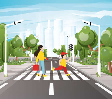 Mom with Son Crossing Road On Crosswalk, Road Markings, Sidewalk for Pedestrians, Trees and Traffic Lights. Vector Illustration. Cityscape. Urban Concept. City Skyline.のイラスト素材