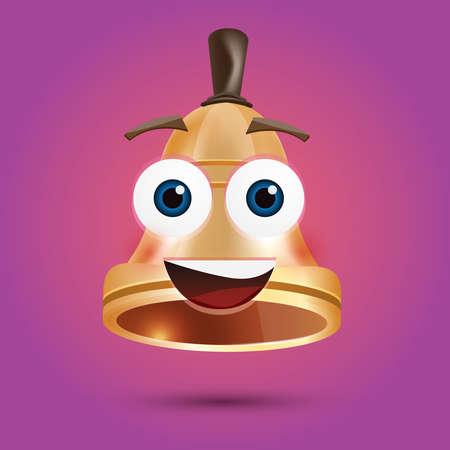 Golden Metal Bell with Face on Purple Background. Vector Illustration.のイラスト素材