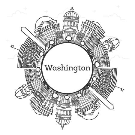 Outline Washington DC USA City Skyline with Modern Buildings and Copy Space Isolated on White. Vector Illustration. Washington DC Cityscape with Landmarks. のイラスト素材