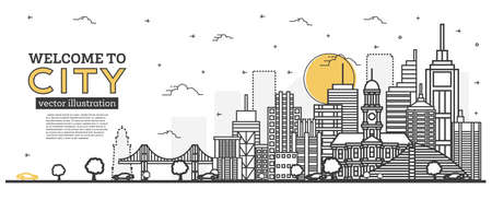 Outline City Skyline Panorama. Vector Illustration. Urban Landscape with Cars, Office Buildings and Trees. Thin Line Cityscape Isolated on White. のイラスト素材