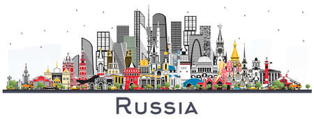 Russia City Skyline with Color Buildings Isolated on White. Vector Illustration. Tourism Concept with Historic Architecture. Russia Cityscape with Landmarks. Moscow. Saint Petersburg. Yekaterinburg.のイラスト素材