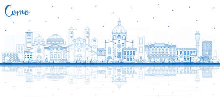 Outline Como Italy City Skyline with Blue Buildings and Reflections. Vector Illustration. Business Travel and Concept with Historic Architecture. Como Cityscape with Landmarks.のイラスト素材