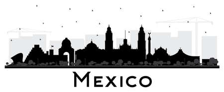 Mexico City Skyline Silhouette with Black Buildings Isolated on White. Vector Illustration. Business Travel and Tourism Concept with Historic Architecture. Mexico Cityscape with Landmarks.のイラスト素材