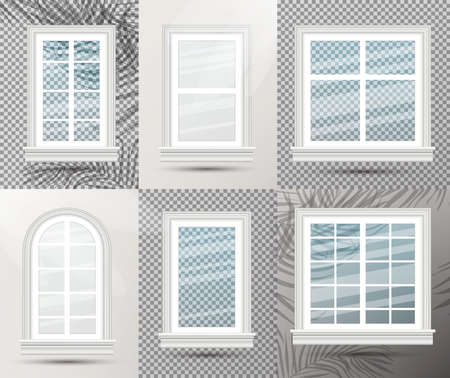 Six Closed Realistic Glass Windows with Shadows. Vector Illustration. Design Element of Architecture. Window Frames.のイラスト素材