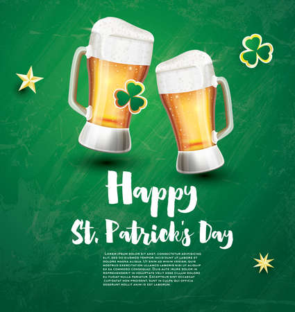 Saint Patricks Day Festive Banner with Two Glasses of Beer and Shamrock. Vector Illustration.のイラスト素材