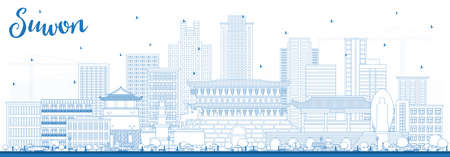 Outline Suwon South Korea City Skyline with Blue Buildings. Illustration. Business Travel and Tourism Concept with Historic and Modern Architecture.のイラスト素材