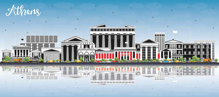 Athens Greece City Skyline with Color Buildings, Blue Sky and Reflections. Vector Illustration. Business Travel and Tourism Concept with Historic and Modern Architecture. Athens Cityscape with Landmarks.のイラスト素材