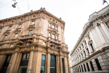 Milan. Italy - May 20, 2019: Crossroads of Armorari Street and Cordusio Street. Facade of Bank of Italy.のeditorial素材