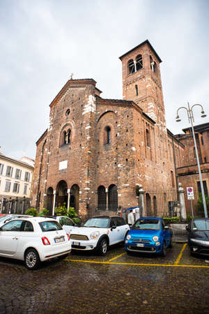 Milan. Italy - May 20, 2019: Church of San Sepolcro in Milan (Chiesa di San Sepolcro). Facade with Entrance Inside.のeditorial素材