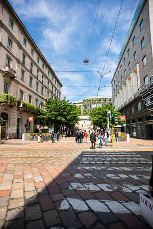 Milan. Italy - May 21, 2019: Via Alessandro Manzoni Street in Milan. Sunny Day. Montenapoleone Metro Station.のeditorial素材