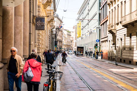 Milan. Italy - May 21, 2019: Meravigli Street in Milan with Tourists. Sunny Day. City Life.のeditorial素材