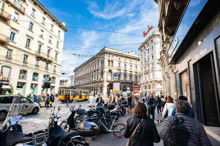 Milan. Italy - May 21, 2019: Via Orefici Street in Milan. Old Buildings with Beautiful Facades. Old Tram. Milan's Street in Center.のeditorial素材