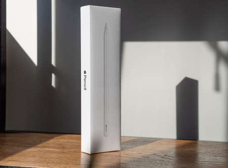 Penza. Russia - August 20, 2020: Packed Apple Pencil. White Box on a Wooden Shelf.