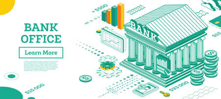 Bank Building. Outline Isometric View of Bank Exterior. Vector Illustration. Financial Concept with Dollar Coins and Smartphone.のイラスト素材
