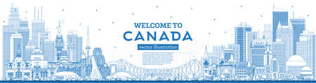 Outline Welcome to Canada City Skyline with Blue Buildings. Vector Illustration. Concept with Historic Architecture. Canada Cityscape with Landmarks. Ottawa. Toronto. Montreal. Vancouver.のイラスト素材